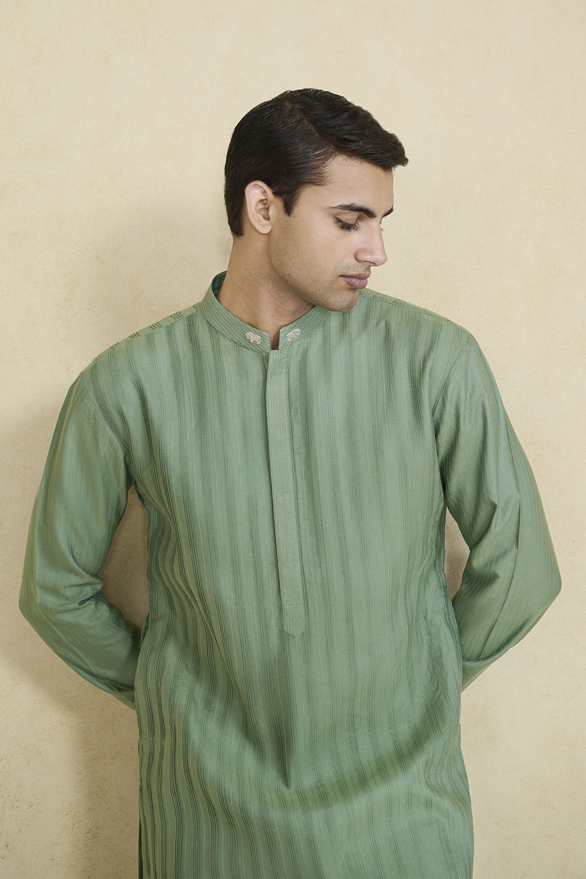 Daeven Embroidered Silk Kurta - Green, Green, image 4